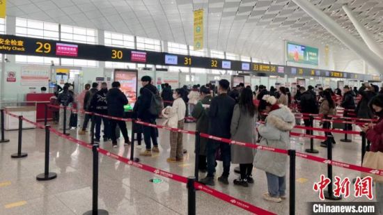 图为郑州机场内旅客有序排队安检。郑州机场供图